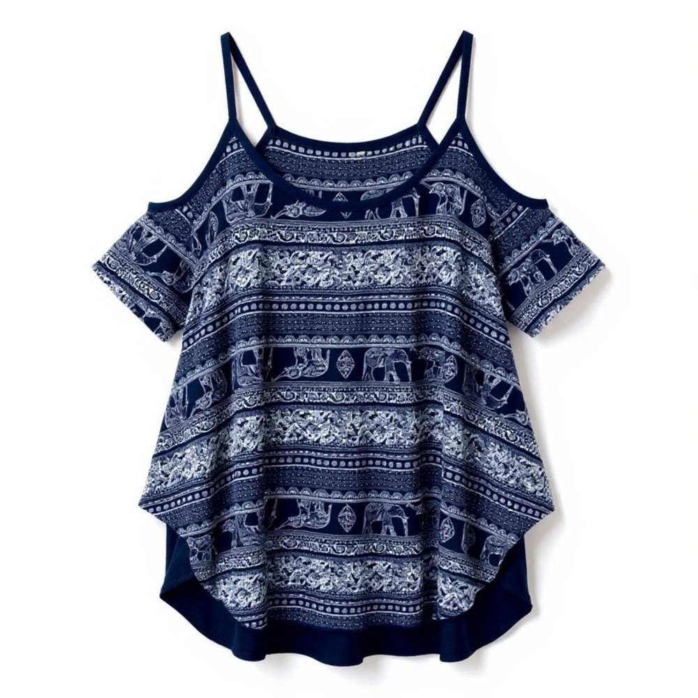 EUC Persaya Cold Shoulder Top M Navy‎ Elephant